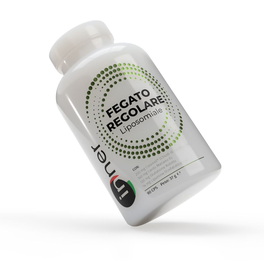 Flacone bianco inclinato con etichetta verde. Testo: FEGATO REGOLARE Liposomiale. Marchio: inner. 90 capsule.