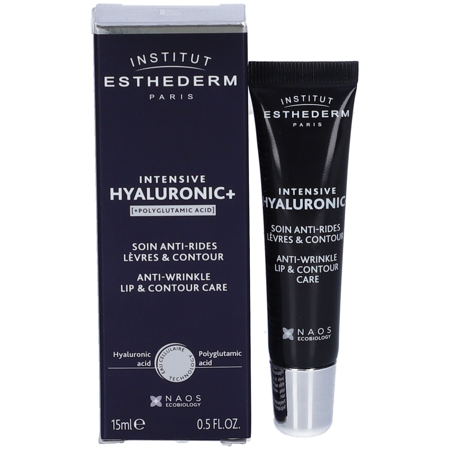 Prodotto e confezione. Tubo e scatola. Testo: Institut Esthederm Paris, Intensive Hyaluronic+, Anti-rughe labbra & contorno.