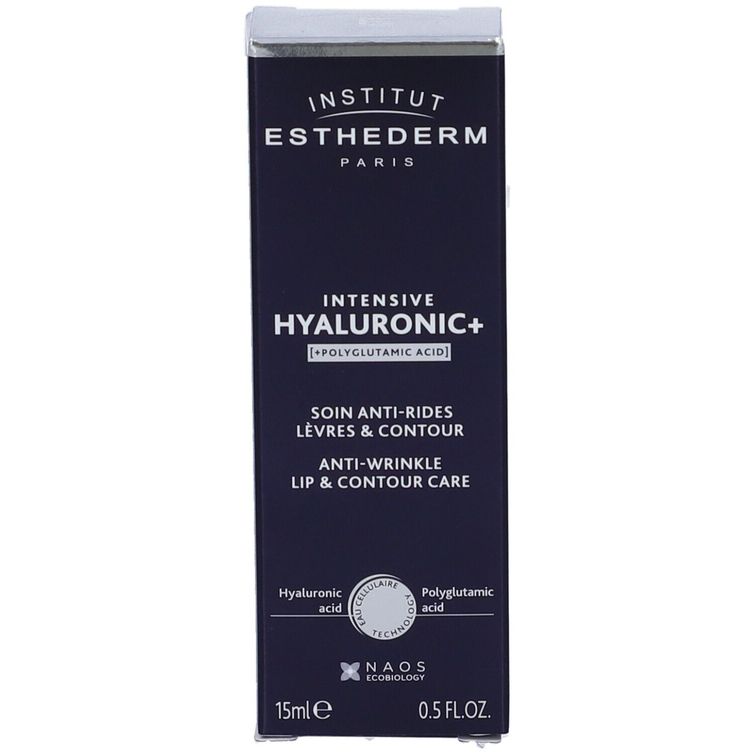 Scatola. Testo: Institut Esthederm Paris, Intensive Hyaluronic+, Anti-rughe labbra & contorno. 15ml.
