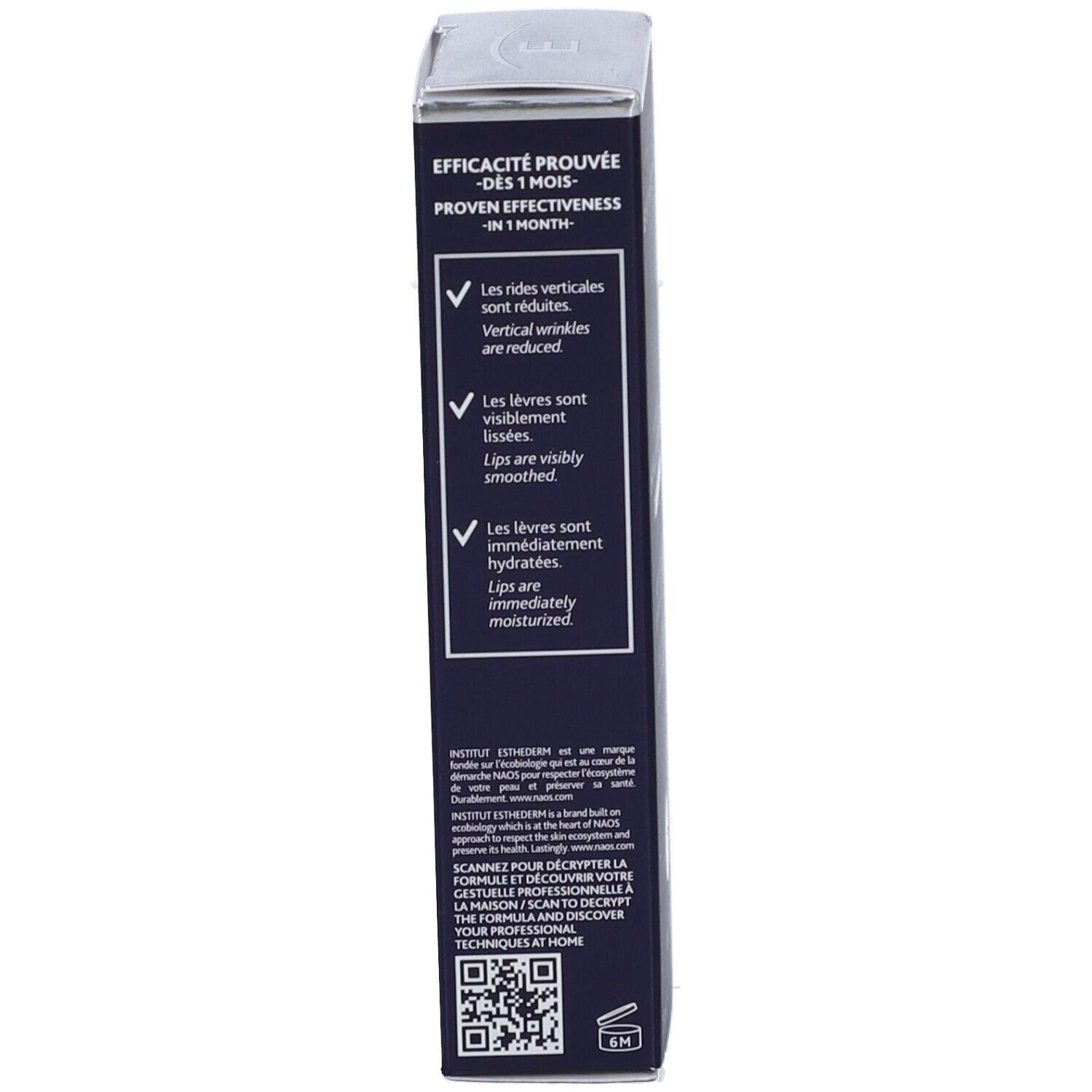 Scatola. Testo: Efficacia provata in 1 mese. Rughe verticali ridotte, labbra levigate, idratate.