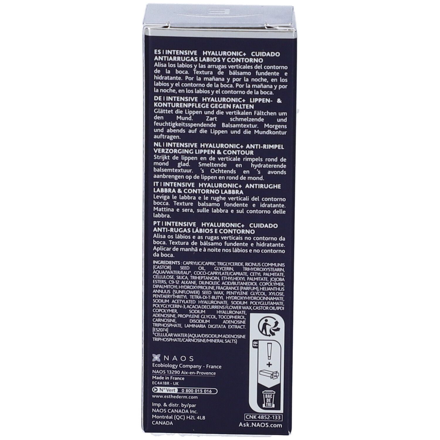 Scatola. Testo multilingue: applicazione, ingredienti, informazioni produttore. Simbolo del cestino.