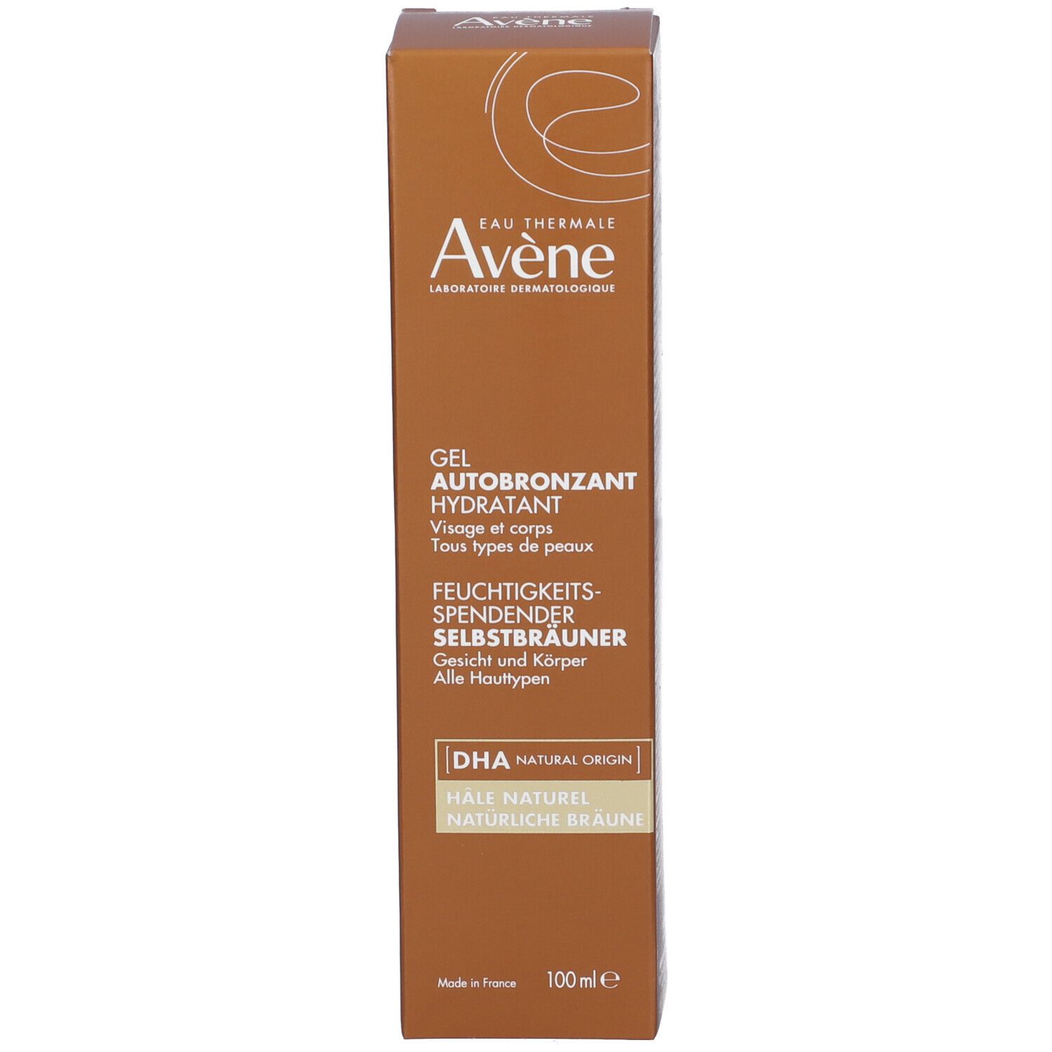 Confezione marrone. Scritta: Eau Thermale Avène, Gel Autobronzant Hydratant, Feuchtigkeitsspendender Selbstbräuner, 100ml.