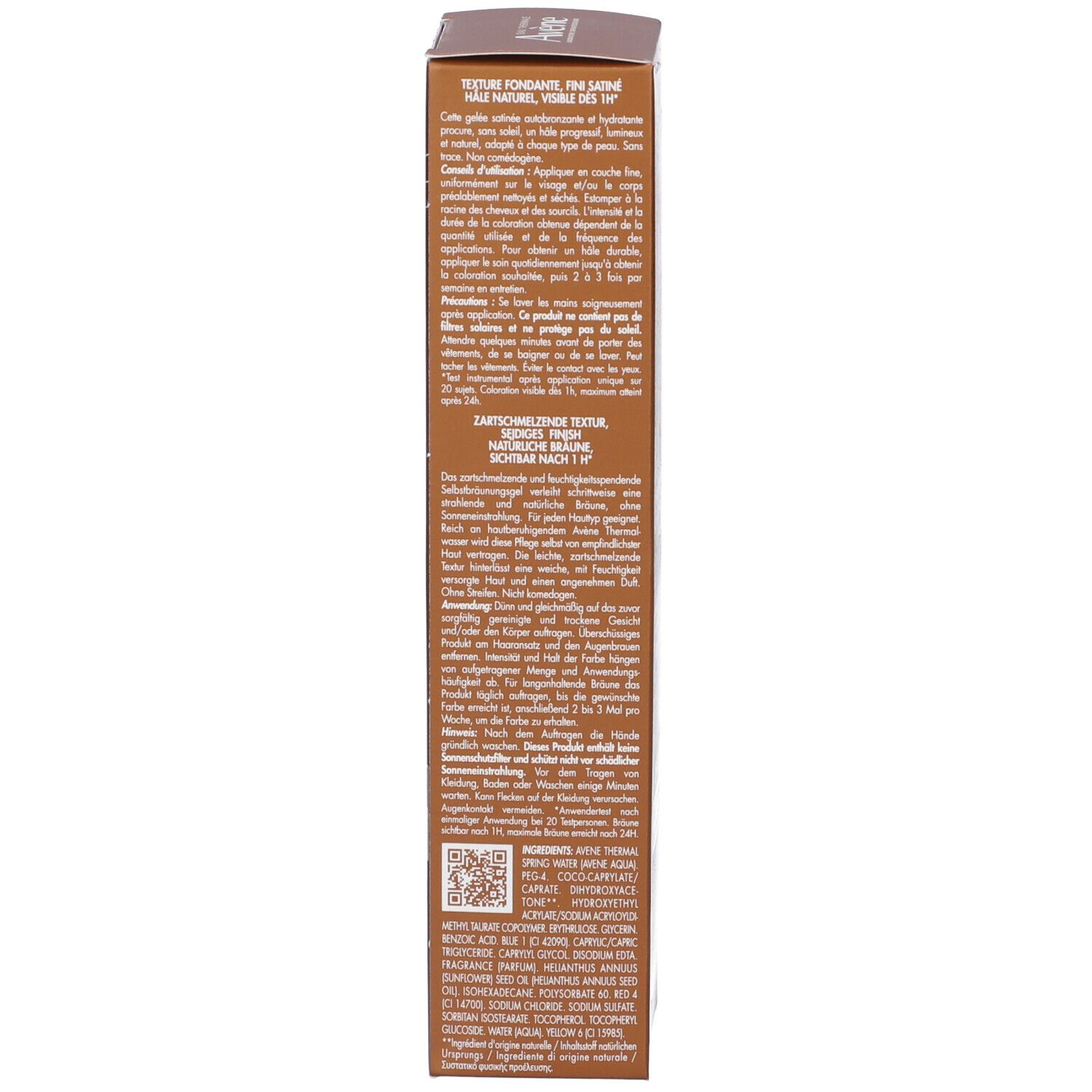 Retro della confezione. Testo in più lingue. Informazioni sul prodotto e sui suoi ingredienti.