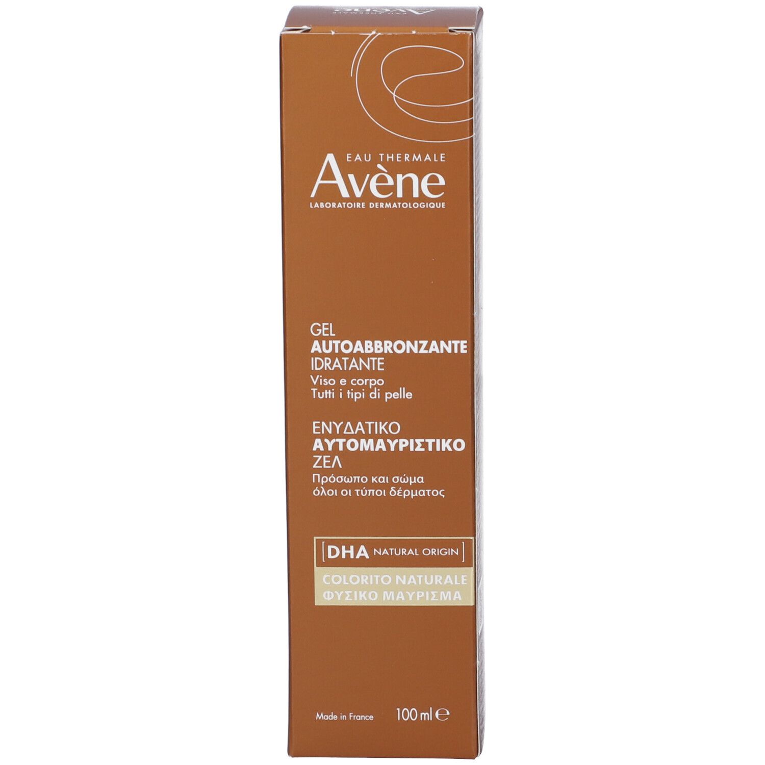 Confezione marrone. Scritta: Eau Thermale Avène, Gel Autobronzant Idratante, 100ml. Testo in più lingue.