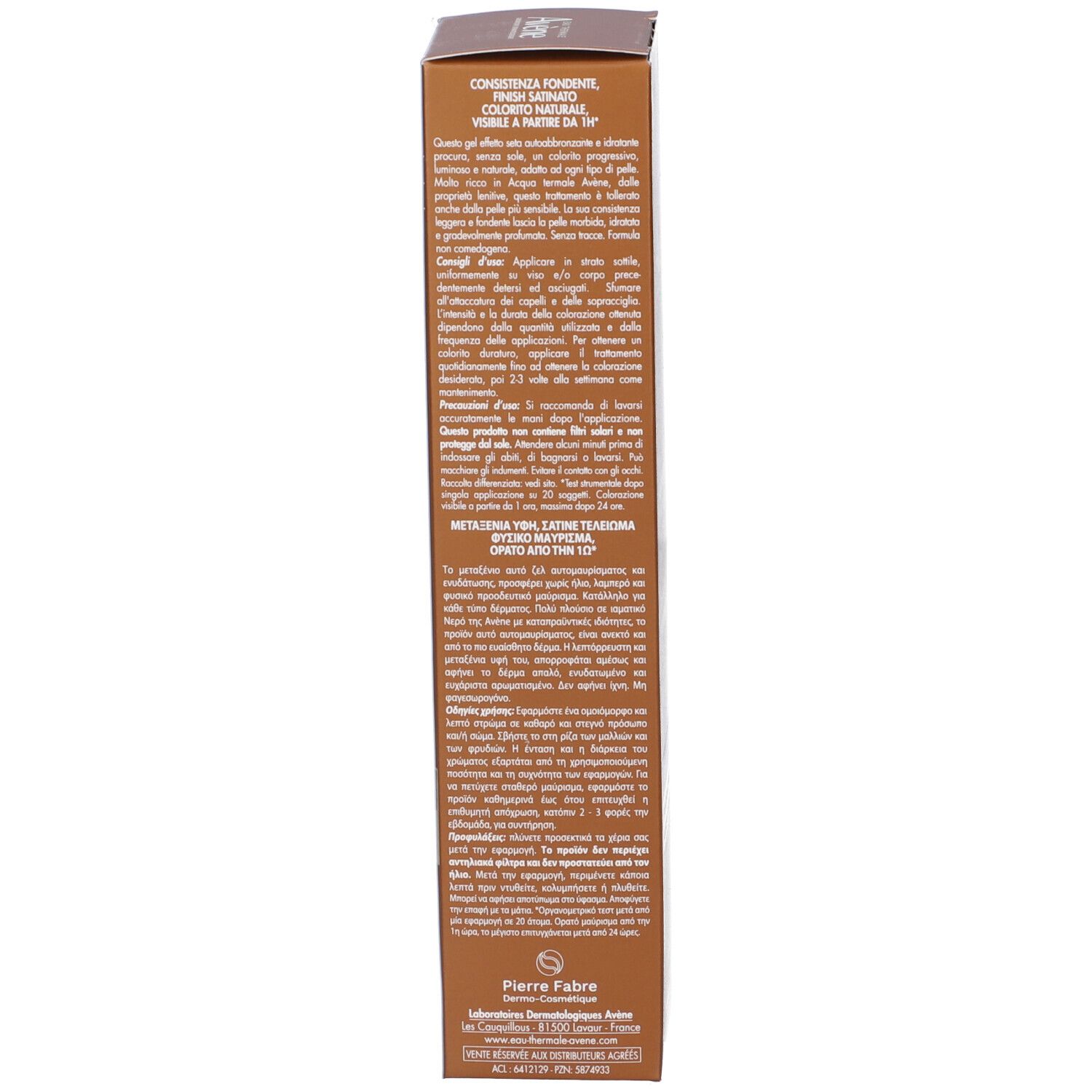 Retro della confezione. Testo in più lingue. Informazioni sul prodotto e la sua applicazione.