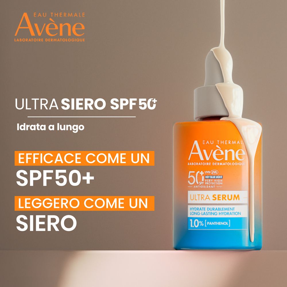 Flacone con gocce. Testo: Eau Thermale Avène, Ultra Siero SPF50+, Idratata a lungo. Gocce.