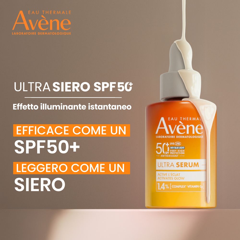 Flacone con gocce. Testo: Ultra Siero SPF50+, Effetto illuminante istantaneo, SPF50+, leggero come un siero.