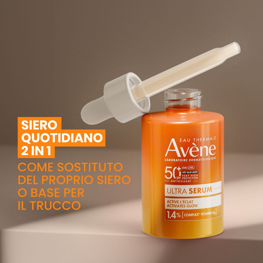 Flacone con applicatore. Testo: Siero quotidiano 2 in 1, Eau Thermale Avène, Ultra Serum SPF50+.