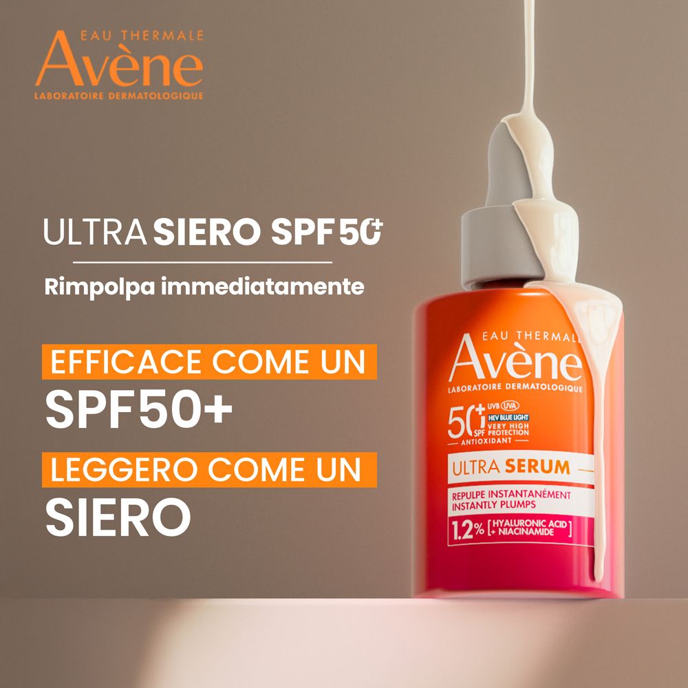 Flacone con gocce. Testo: Ultra Siero SPF50+, Efficace come SPF50+, leggero come un siero.