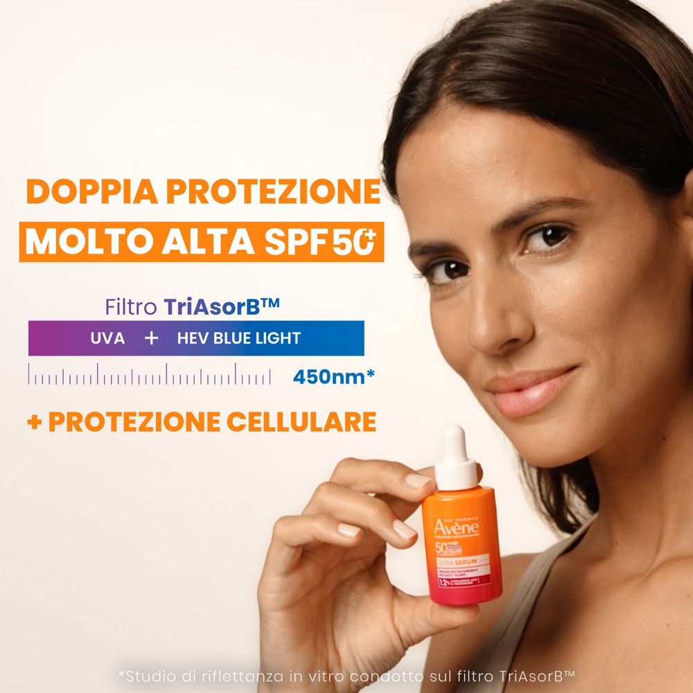 Donna tiene flacone. Testo: Doppia protezione SPF50+. Filtro TriAsorb, UVA + luce blu HEV, + protezione cellulare.