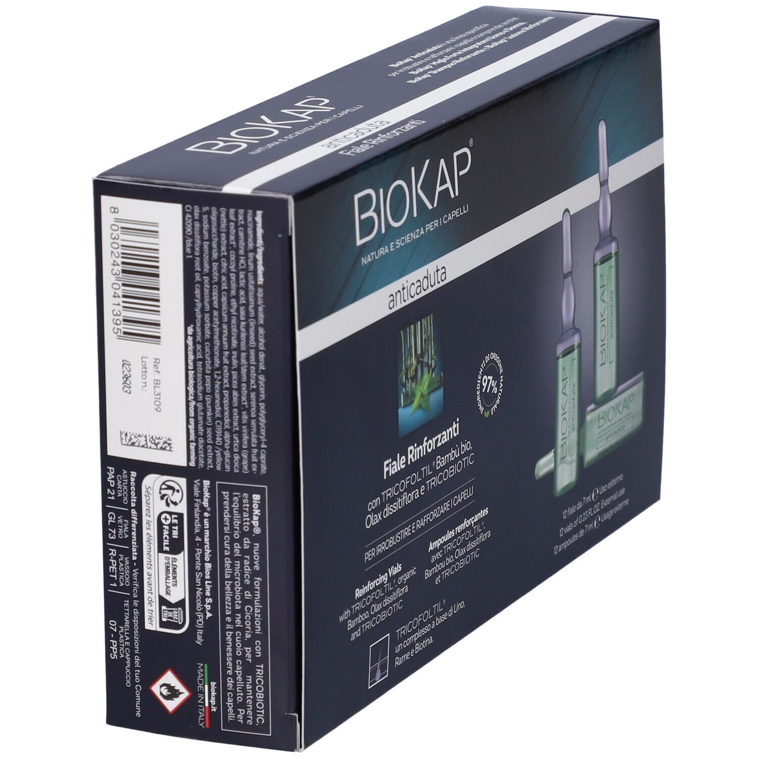 BioKap Tricobiotic Fiale Anticaduta Rinforzanti: Vista laterale della scatola con informazioni sul prodotto.