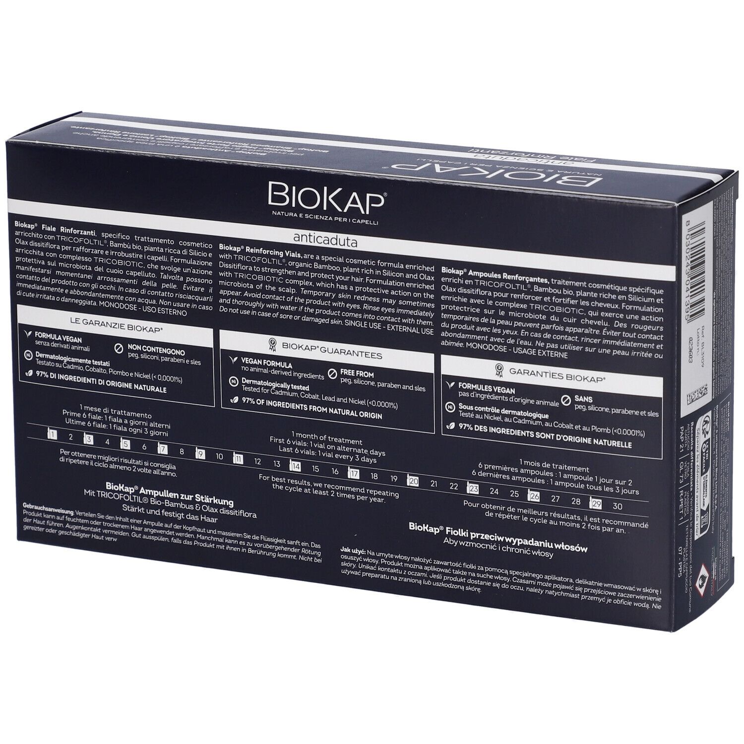 BioKap Tricobiotic Fiale Anticaduta Rinforzanti: Retro della scatola con dettagli sull'uso.