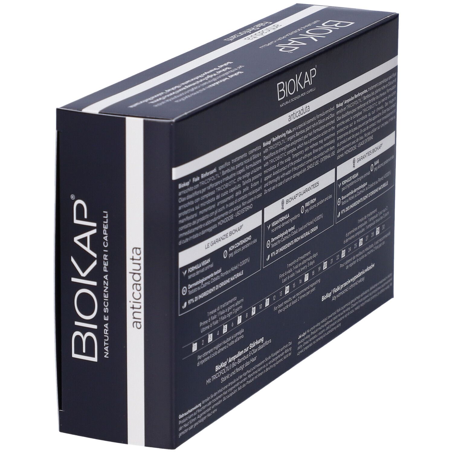 BioKap Tricobiotic Fiale Anticaduta Rinforzanti: Vista angolata della confezione del prodotto.