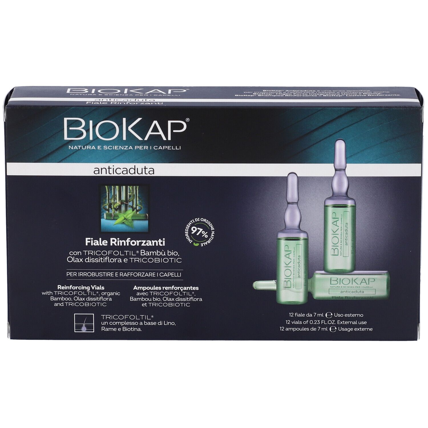 BioKap Tricobiotic Fiale Anticaduta Rinforzanti: Fronte della scatola con due fiale.