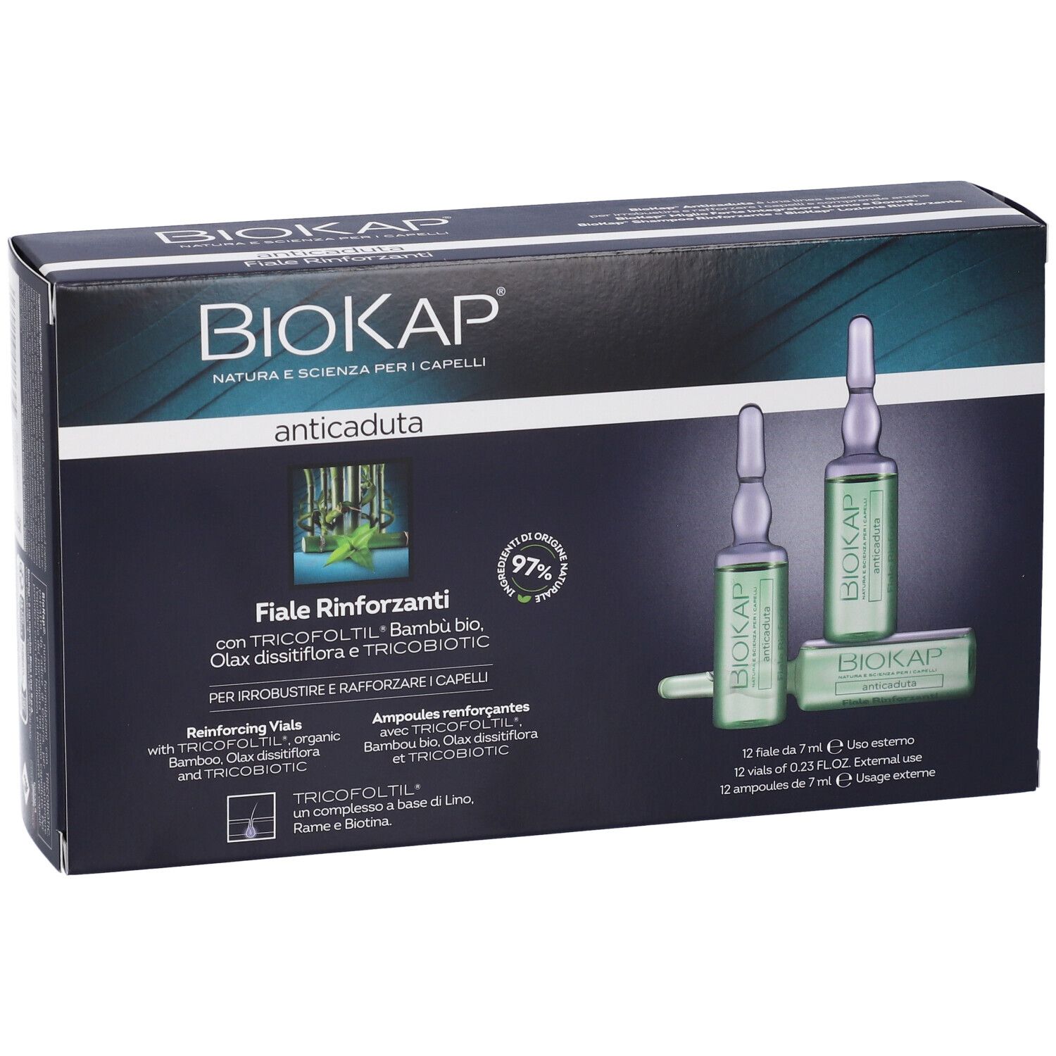 BioKap Tricobiotic Fiale Anticaduta Rinforzanti: Scatola con due fiale e informazioni sul prodotto.