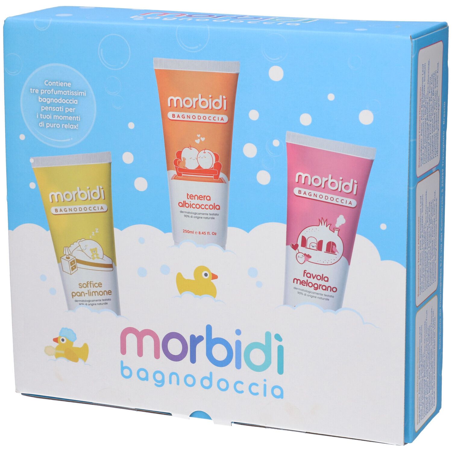 Confezione regalo con tre tubi di bagnodoccia. Giallo, arancione, rosa. Scritte: Morbidi Bagnodoccia, illustrazioni.