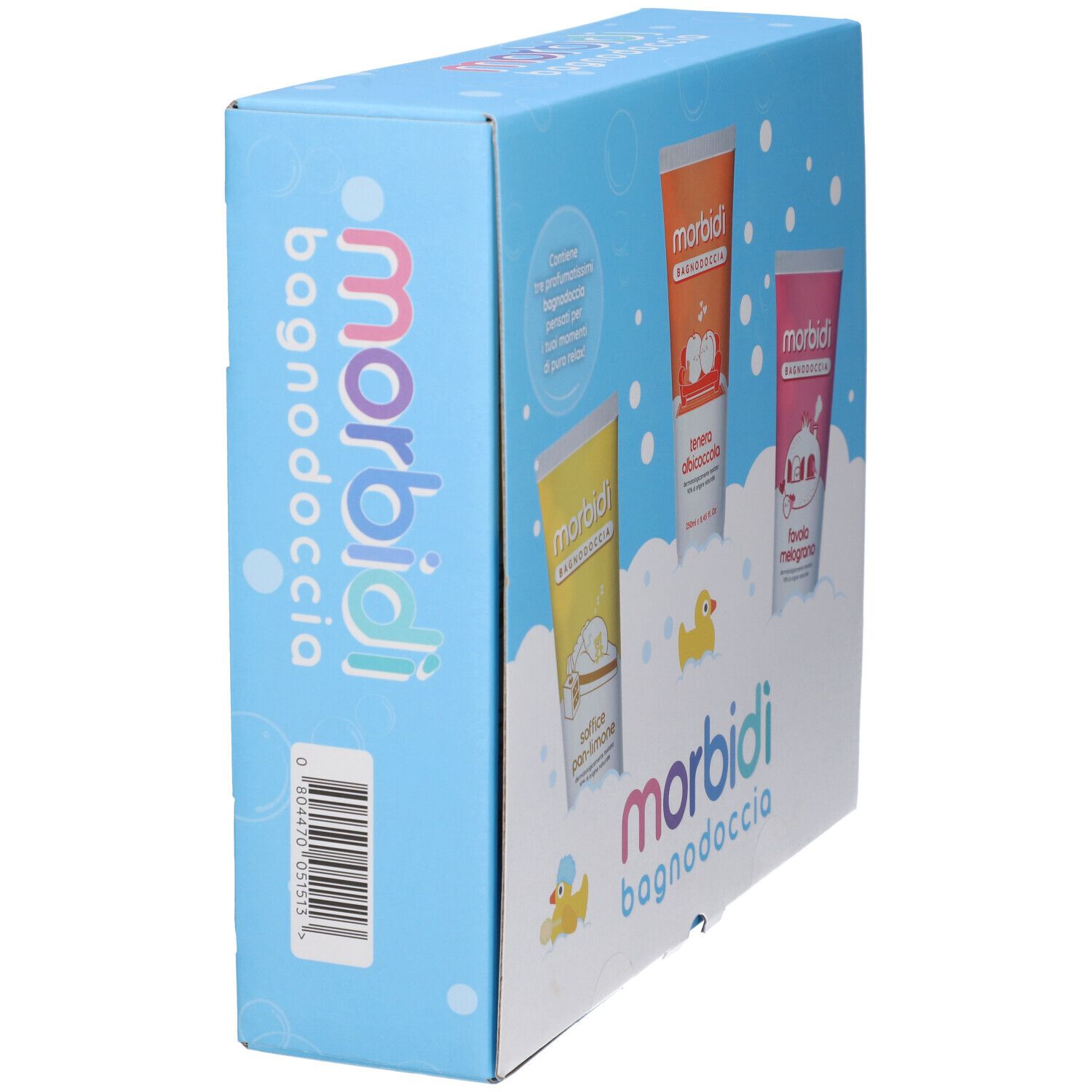 Confezione regalo, vista laterale. Scritta: Morbidi Bagnodoccia. Tre tubi di bagnodoccia visibili.