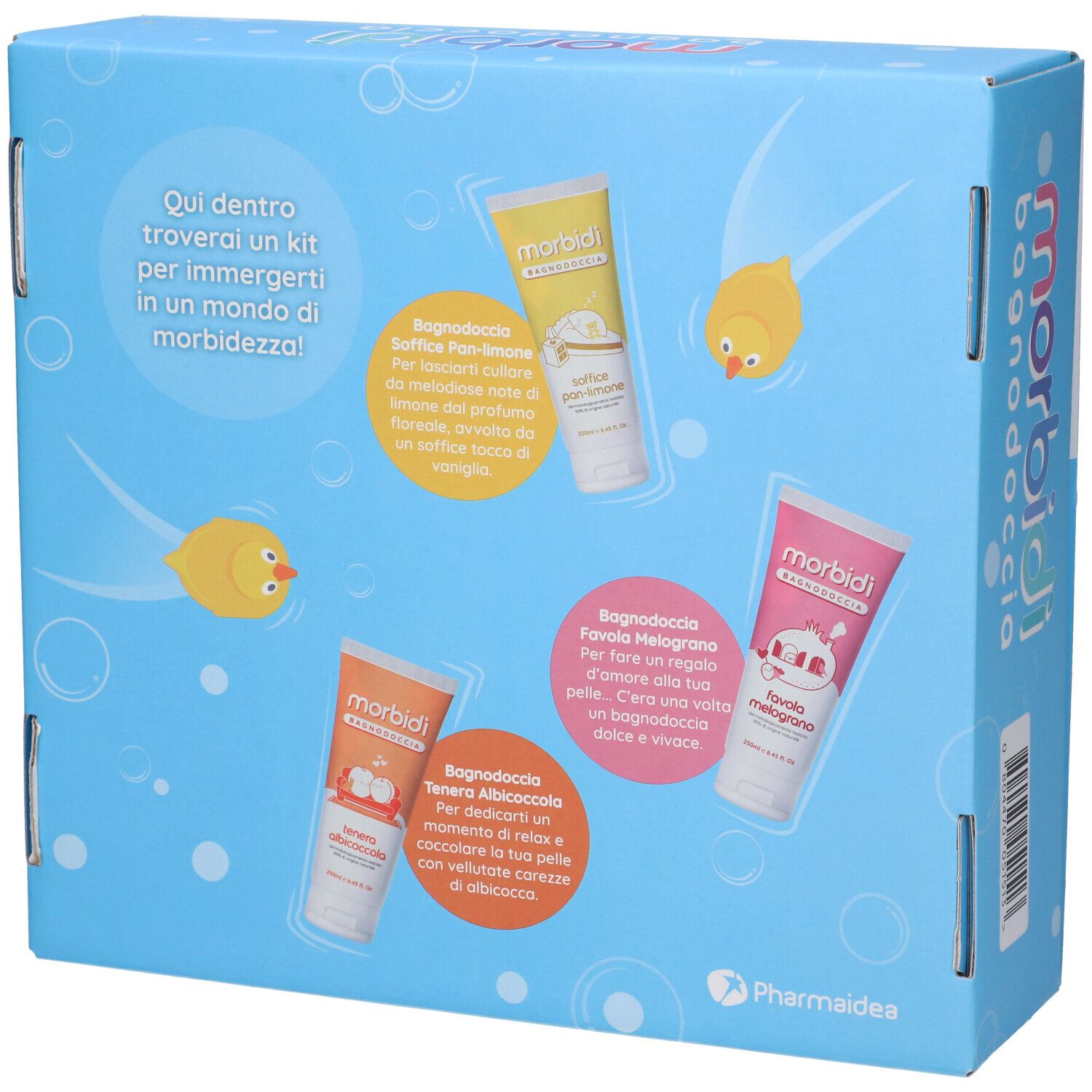 Confezione regalo, retro. Scritte: Morbidi Bagnodoccia, illustrazioni. Testo in italiano.
