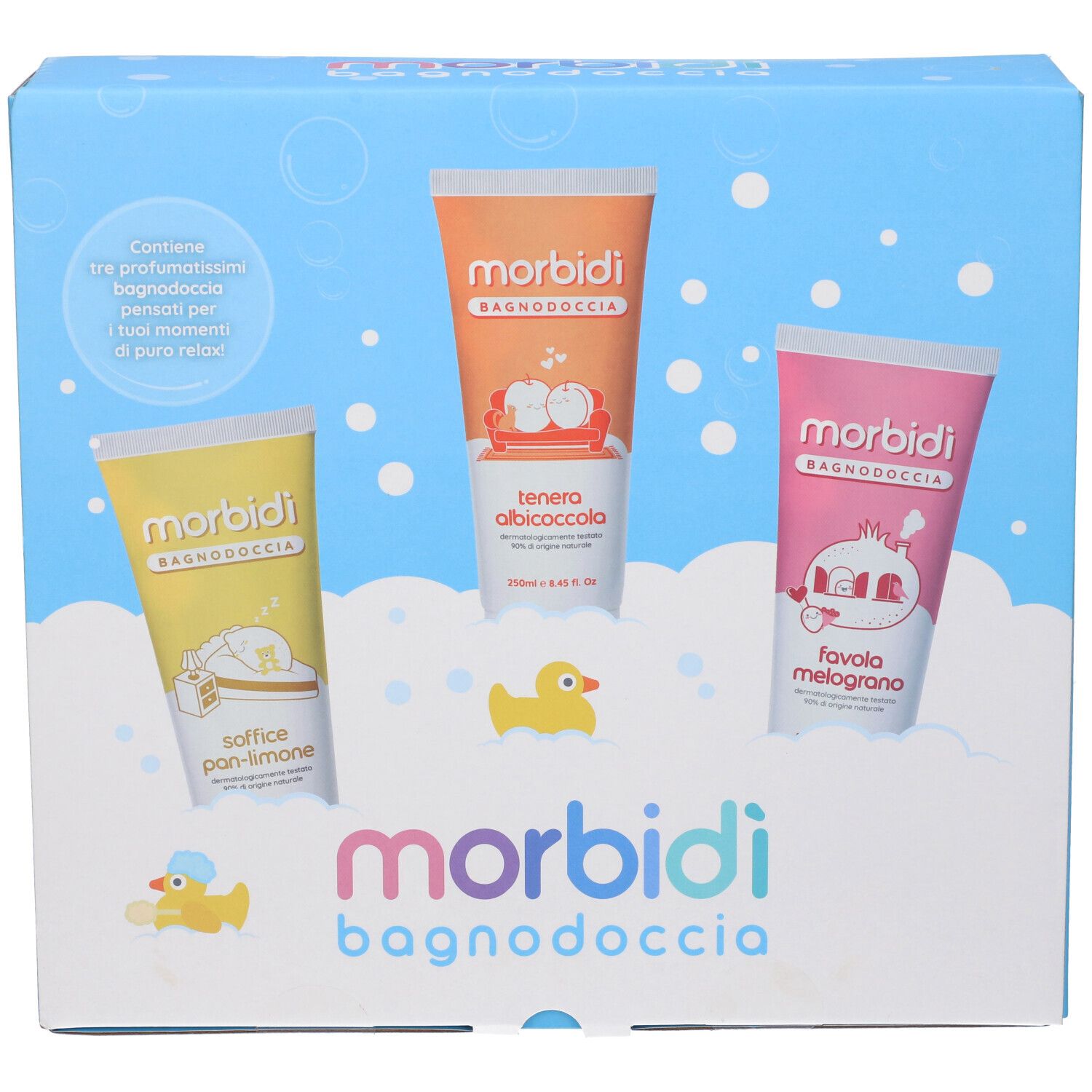 Confezione regalo con tre tubi di bagnodoccia. Giallo, arancione, rosa. Scritte: Morbidi Bagnodoccia, illustrazioni.