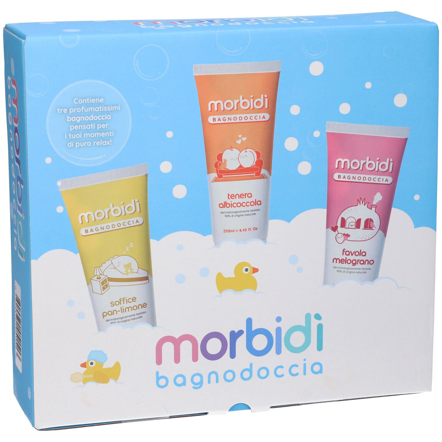 Confezione regalo con tre tubi di bagnodoccia. Giallo, arancione, rosa. Scritte: Morbidi Bagnodoccia, illustrazioni.