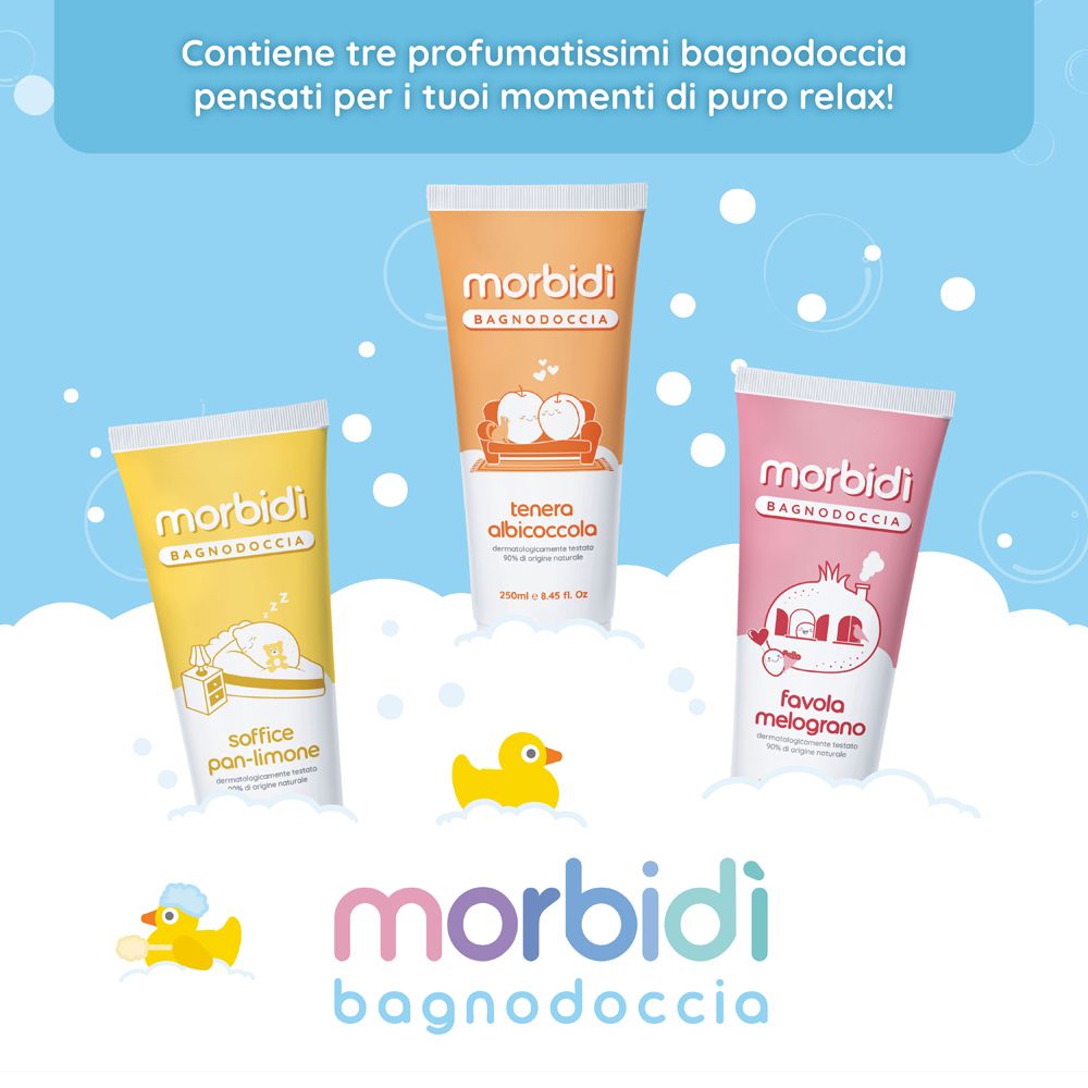 Tre tubi di bagnodoccia: giallo, arancione, rosa. Scritte: Morbidi Bagnodoccia. Adesivo papera gialla.