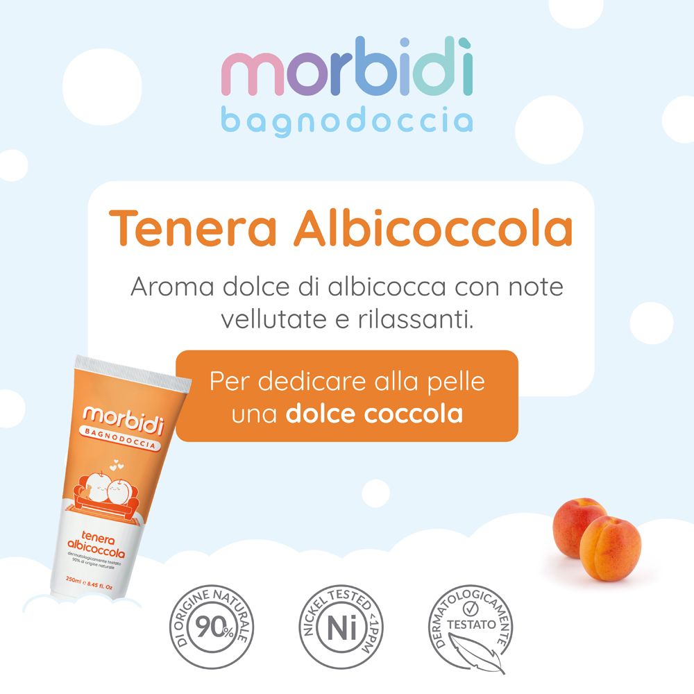 Tubo di bagnodoccia arancione. Scritta: Morbidi Bagnodoccia, Tenera Albicoccola. Loghi: 90% ingredienti naturali, testato al nichel.