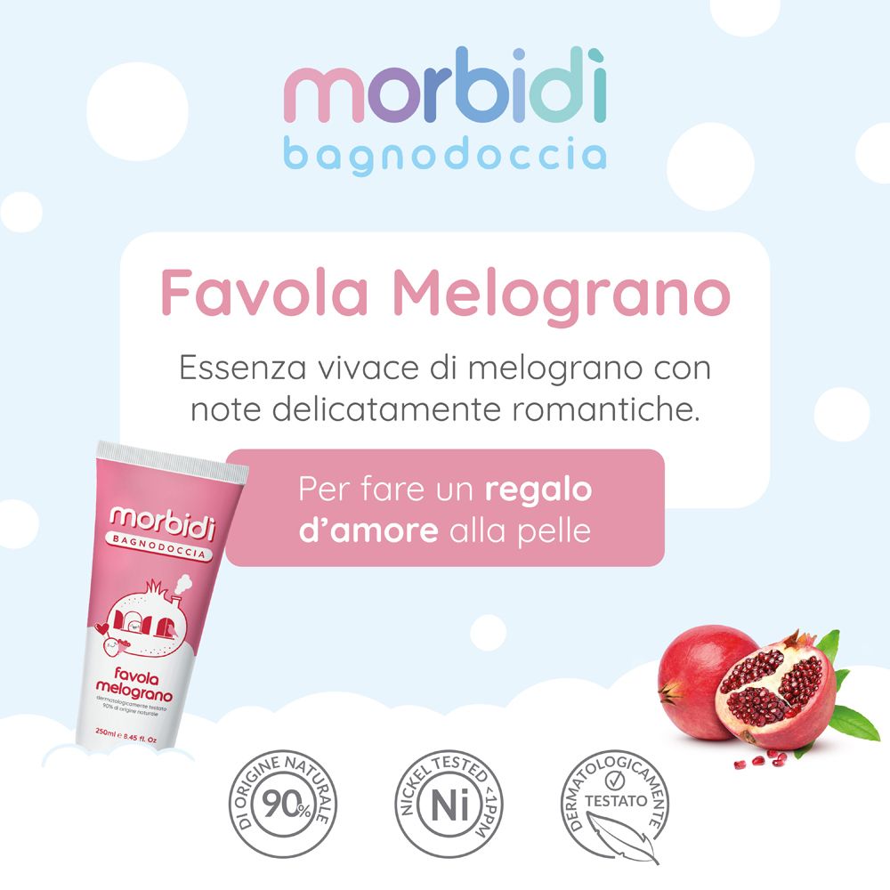Tubo di bagnodoccia rosa. Scritta: Morbidi Bagnodoccia, Favola Melograno. Loghi: 90% ingredienti naturali, testato al nichel.