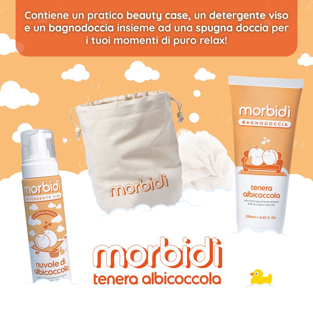 Prodotti su sfondo arancione. Contiene un flacone, una borsa e un tubetto. Scritta: morbidi.