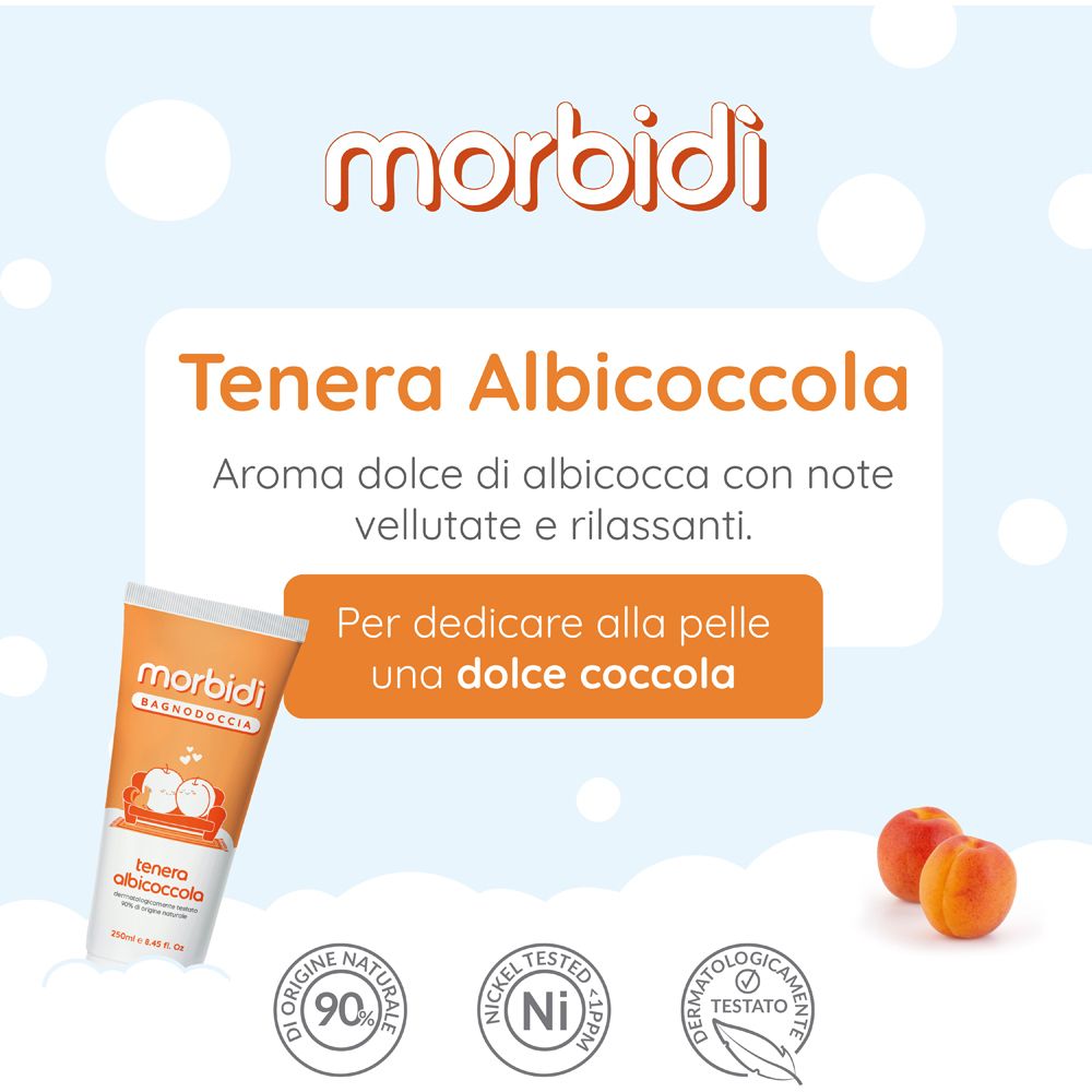 Tubetto con scritta: morbidi. Due albicocche accanto. Testo: Tenera Albicoccola.