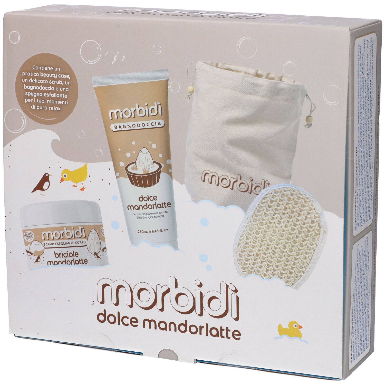 Confezione regalo con prodotti per la cura del corpo. Contiene bagnodoccia, scrub, sacchetto e spugna. Marchio: Morbidi.