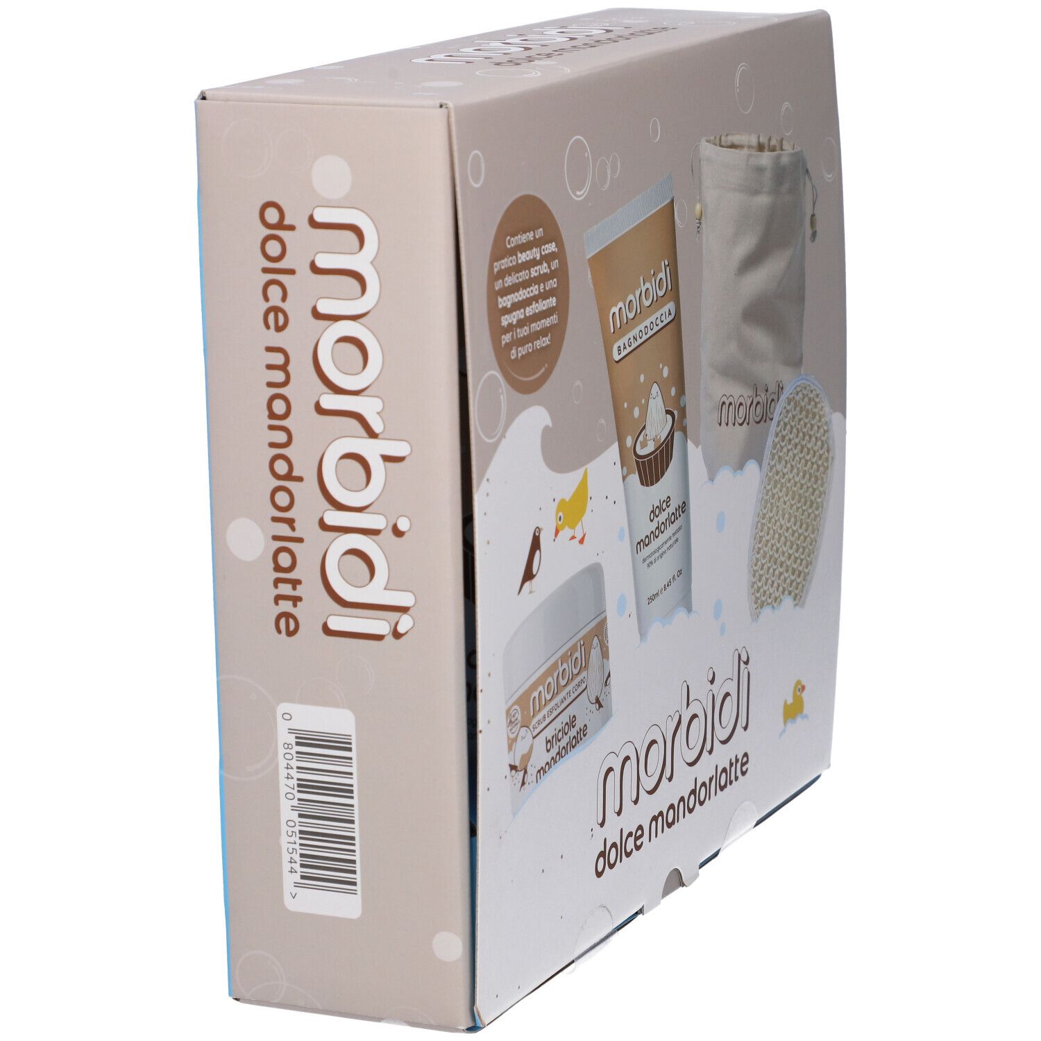 Confezione regalo con prodotti per la cura del corpo. Marchio: Morbidi. Vista laterale.