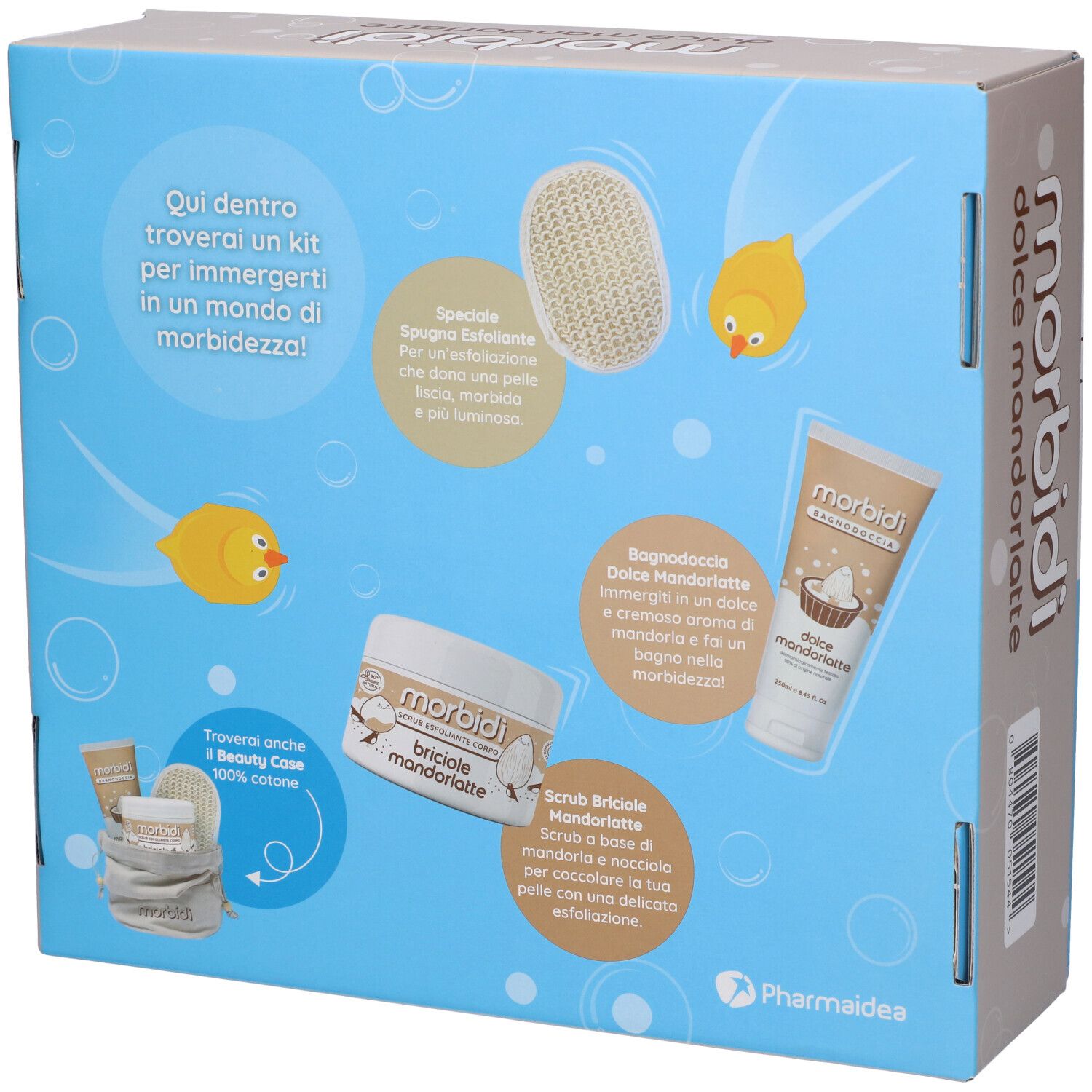 Retro della confezione regalo. Contiene prodotti per la cura del corpo. Marchio: Morbidi.
