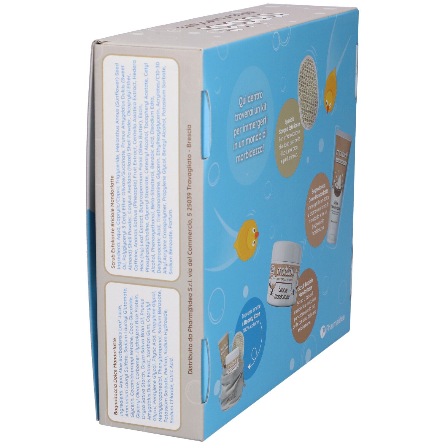 Retro della confezione regalo con ingredienti e informazioni. Marchio: Morbidi.