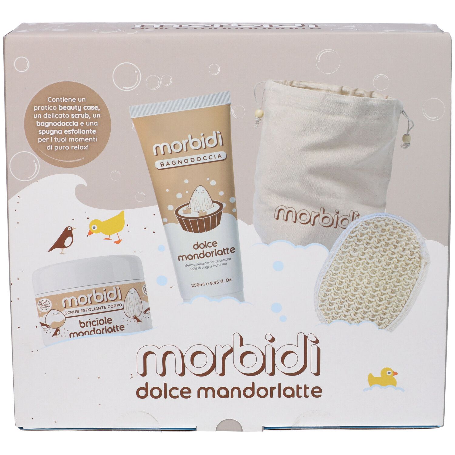 Confezione regalo con prodotti per la cura del corpo. Marchio: Morbidi. Vista frontale.