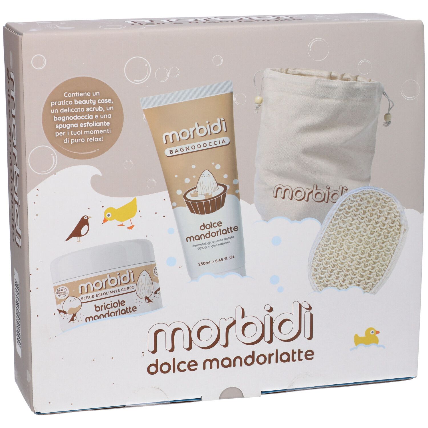 Confezione regalo con prodotti per la cura del corpo. Marchio: Morbidi. Vista frontale.