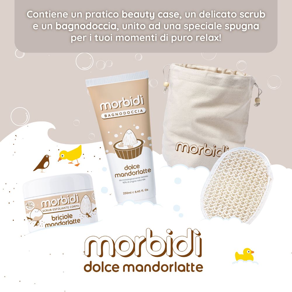 Set per la cura del corpo: scrub, bagnodoccia, sacchetto e spugna. Marchio: Morbidi.