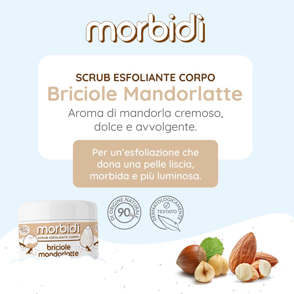 Scrub corpo in crema. Marchio: Morbidi. Testo: Briciole Mandorlatte. Aroma di mandorla.
