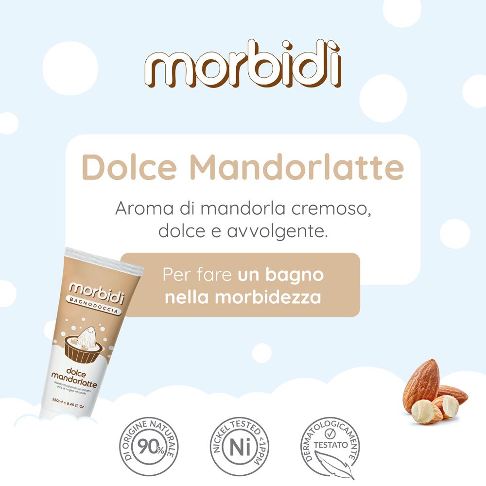 Bagnodoccia al profumo di mandorla. Marchio: Morbidi. Testo: Dolce Mandorlatte. Con certificazioni.
