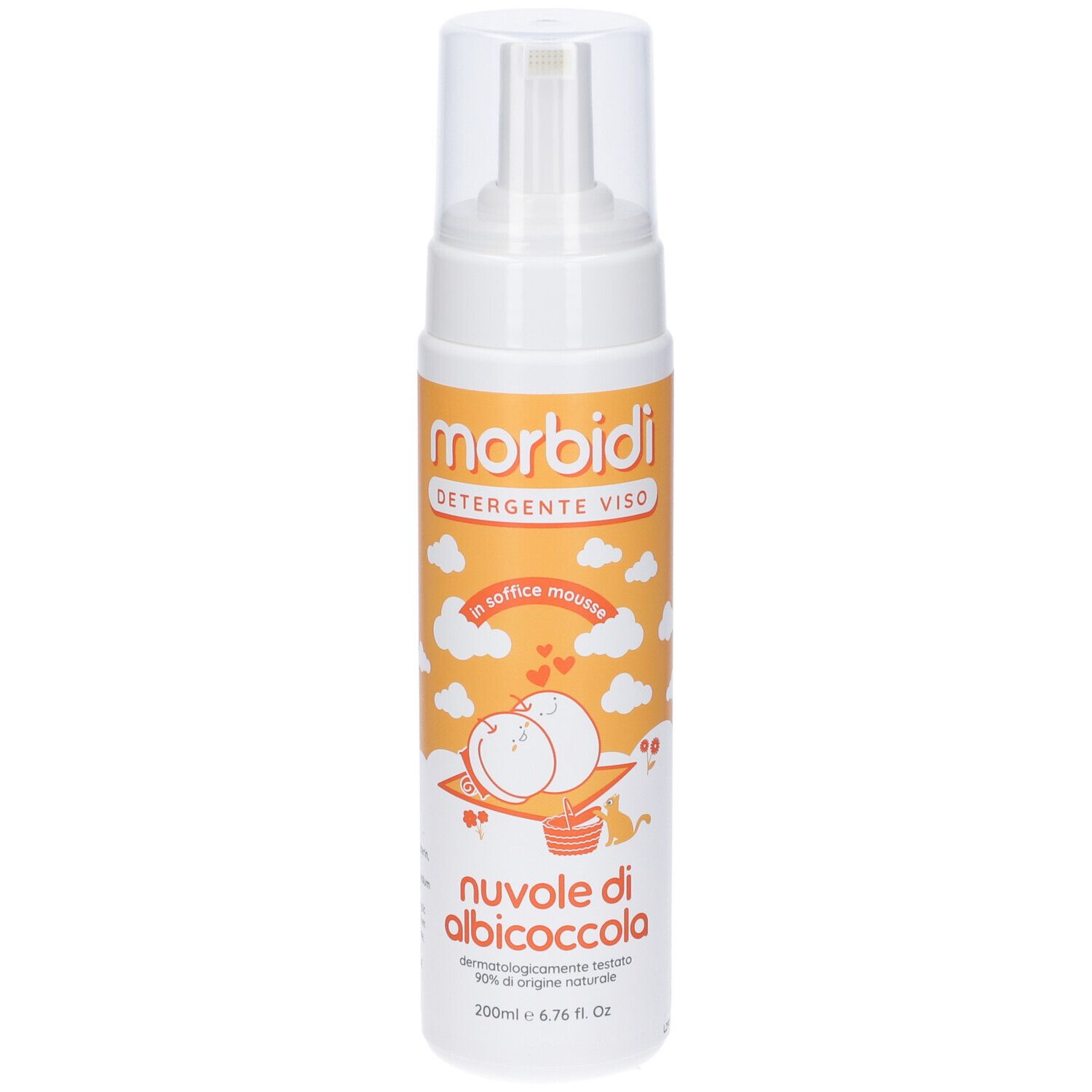 Dispenser bianco con etichetta arancione. Scritto: Morbidi, Detergente Viso, Nuvole di Albicoccola. 200ml.