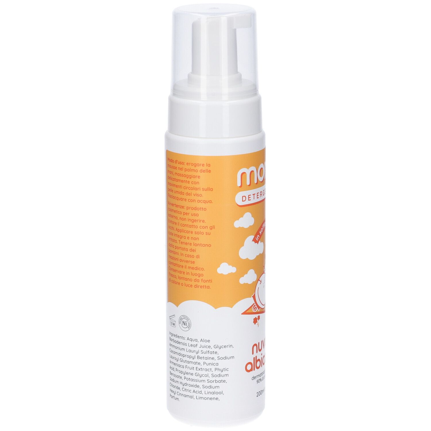 Dispenser bianco con etichetta arancione. Scritto: Morbidi, Detergente Viso, Nuvole di Albicoccola. 200ml.