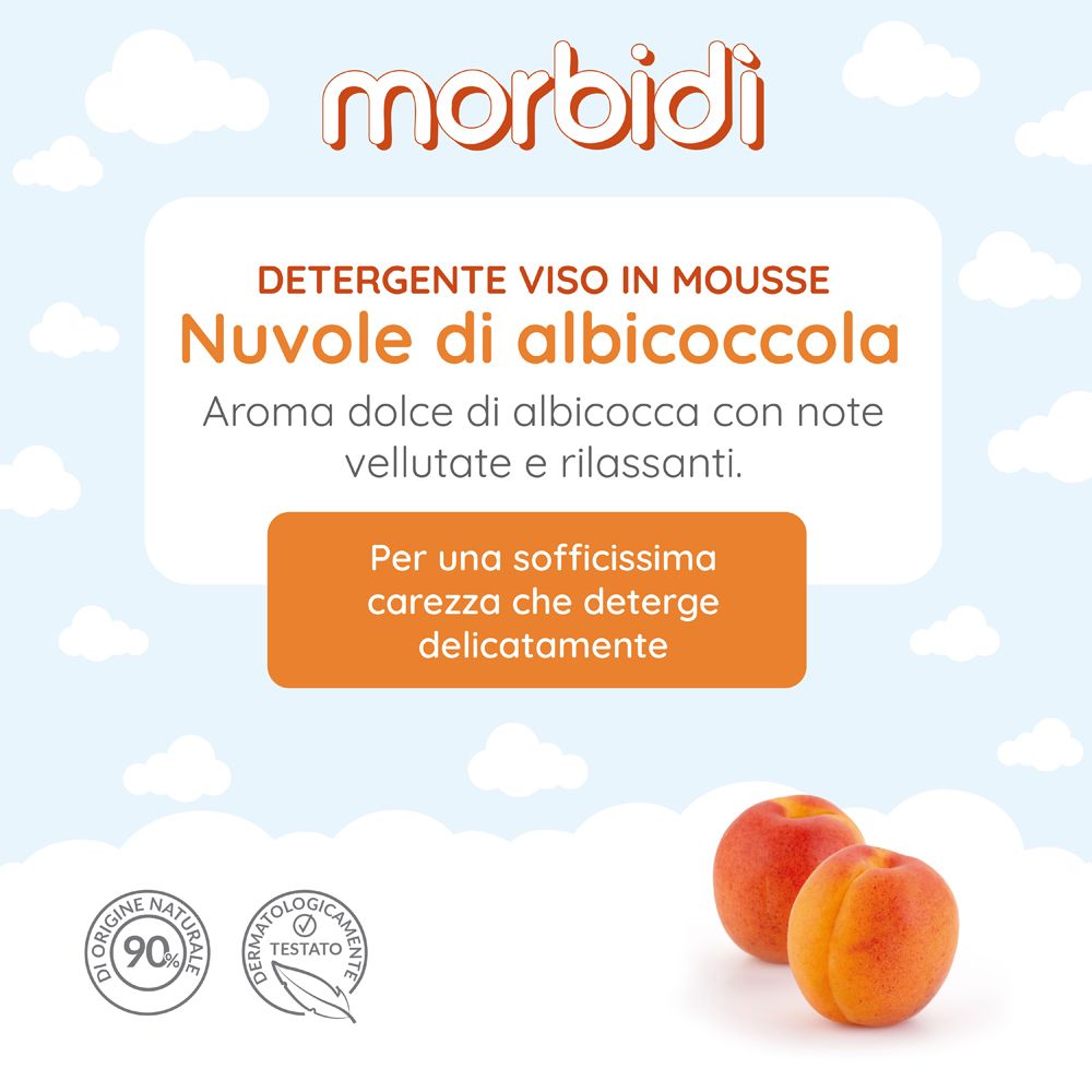 Sfondo arancione con testo: Detergente Viso in Mousse, Nuvole di Albicoccola. Due albicocche.