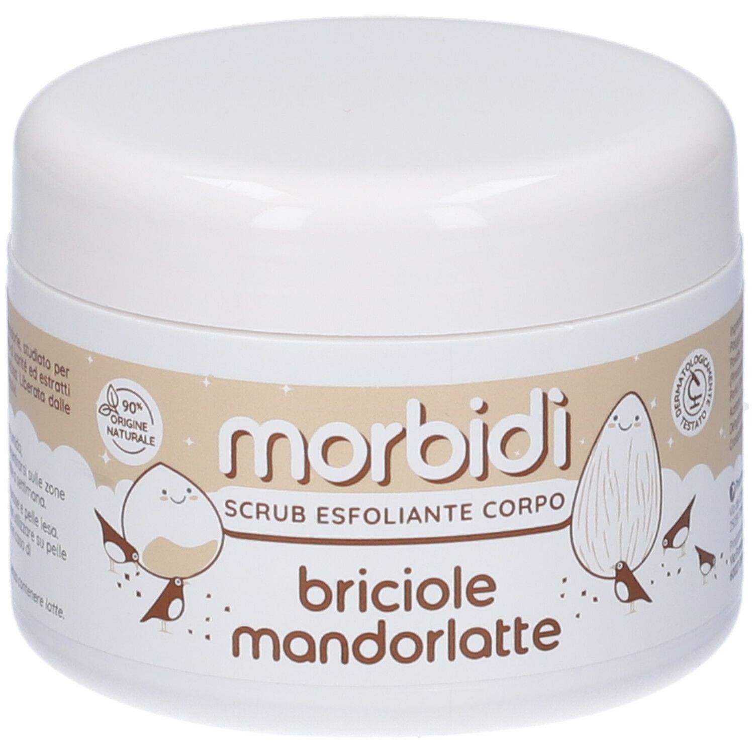 Vaso bianco con Morbidi, Scrub Esfoliante Corpo, Briciole Mandorlatte. 90% ingredienti naturali.