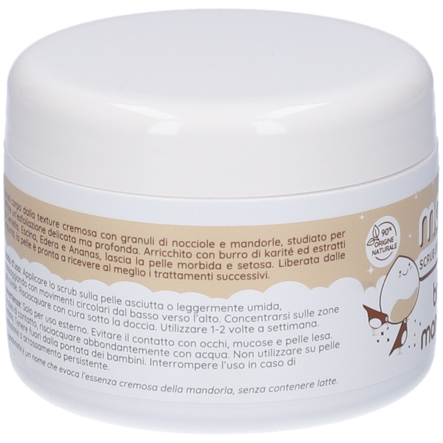 Vaso bianco con testo. Istruzioni per l'uso, ingredienti, avvertenze. 90% ingredienti naturali.