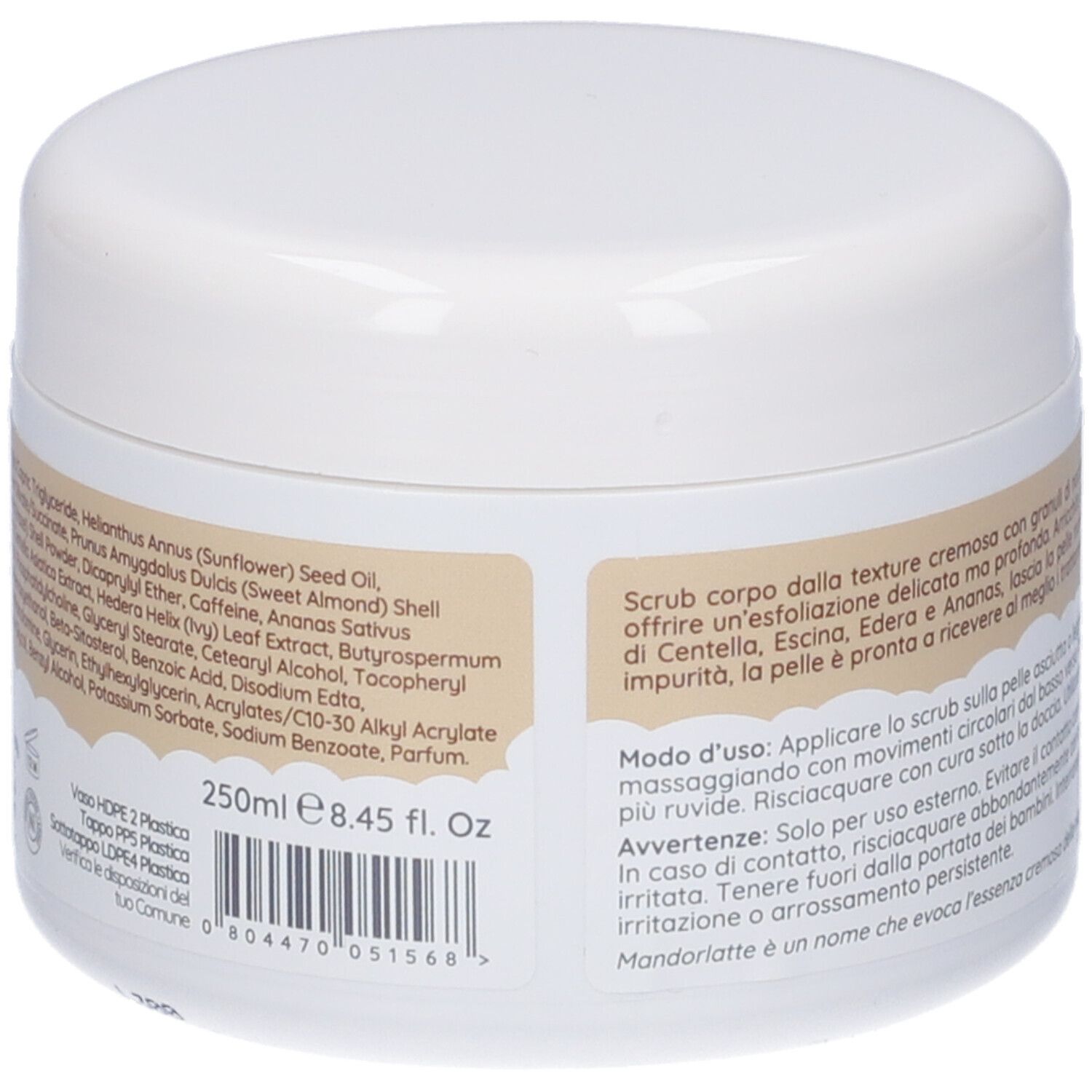 Vaso bianco con testo. Ingredienti, istruzioni, avvertenze. 250ml, 8.45 Fl. Oz.