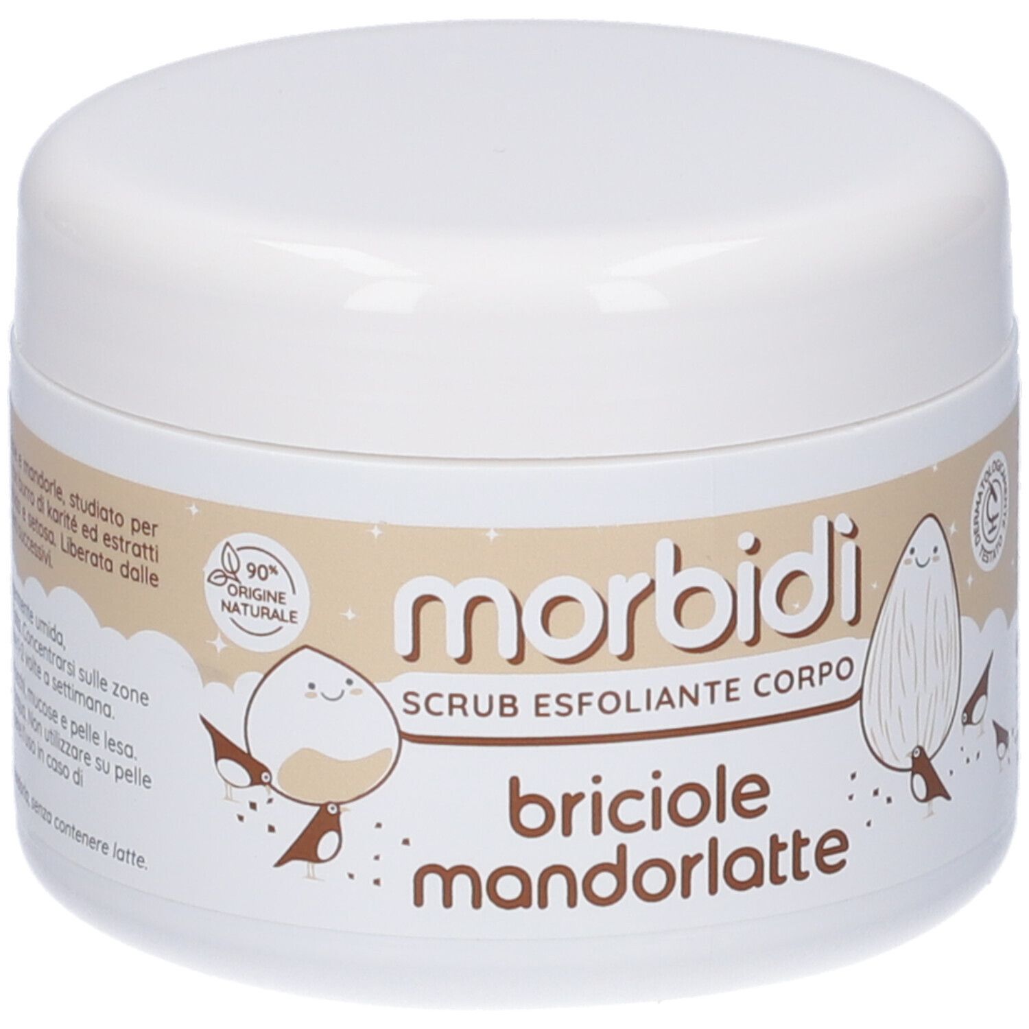 Vaso bianco con Morbidi, Scrub Esfoliante Corpo, Briciole Mandorlatte. 90% ingredienti naturali.