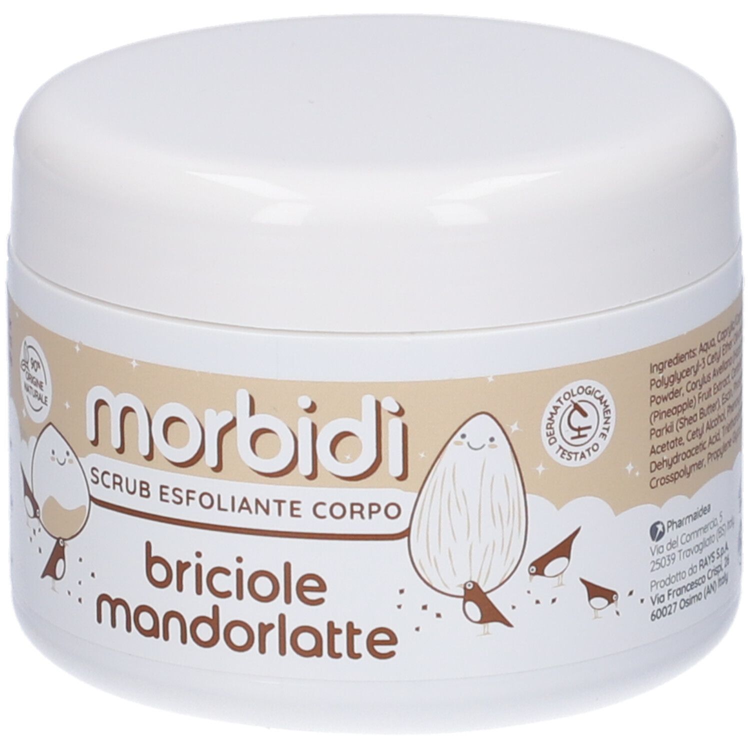 Vaso bianco con Morbidi, Scrub Esfoliante Corpo, Briciole Mandorlatte. Dermatologicamente testato.