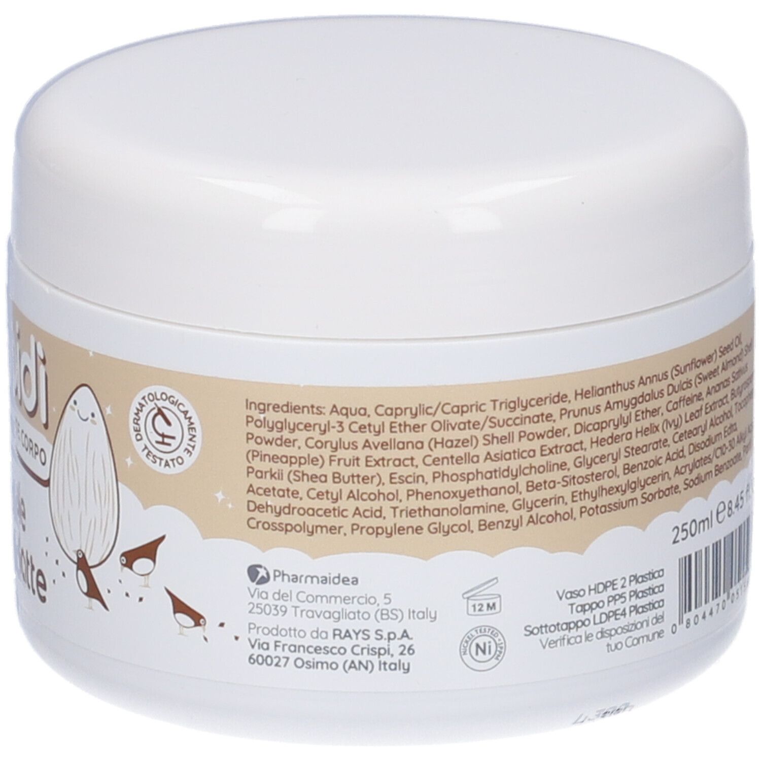 Vaso bianco con testo. Ingredienti, indirizzo del produttore, 250ml, 8.45 Fl. Oz.