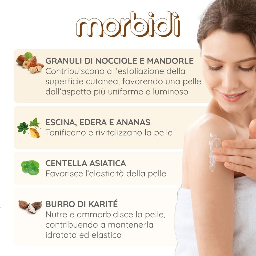 Donna con prodotto sulla spalla. Testo: Granuli di Nocciole e Mandorle, Escina, Edera e Ananas, Centella Asiatica, Burro di Karité.