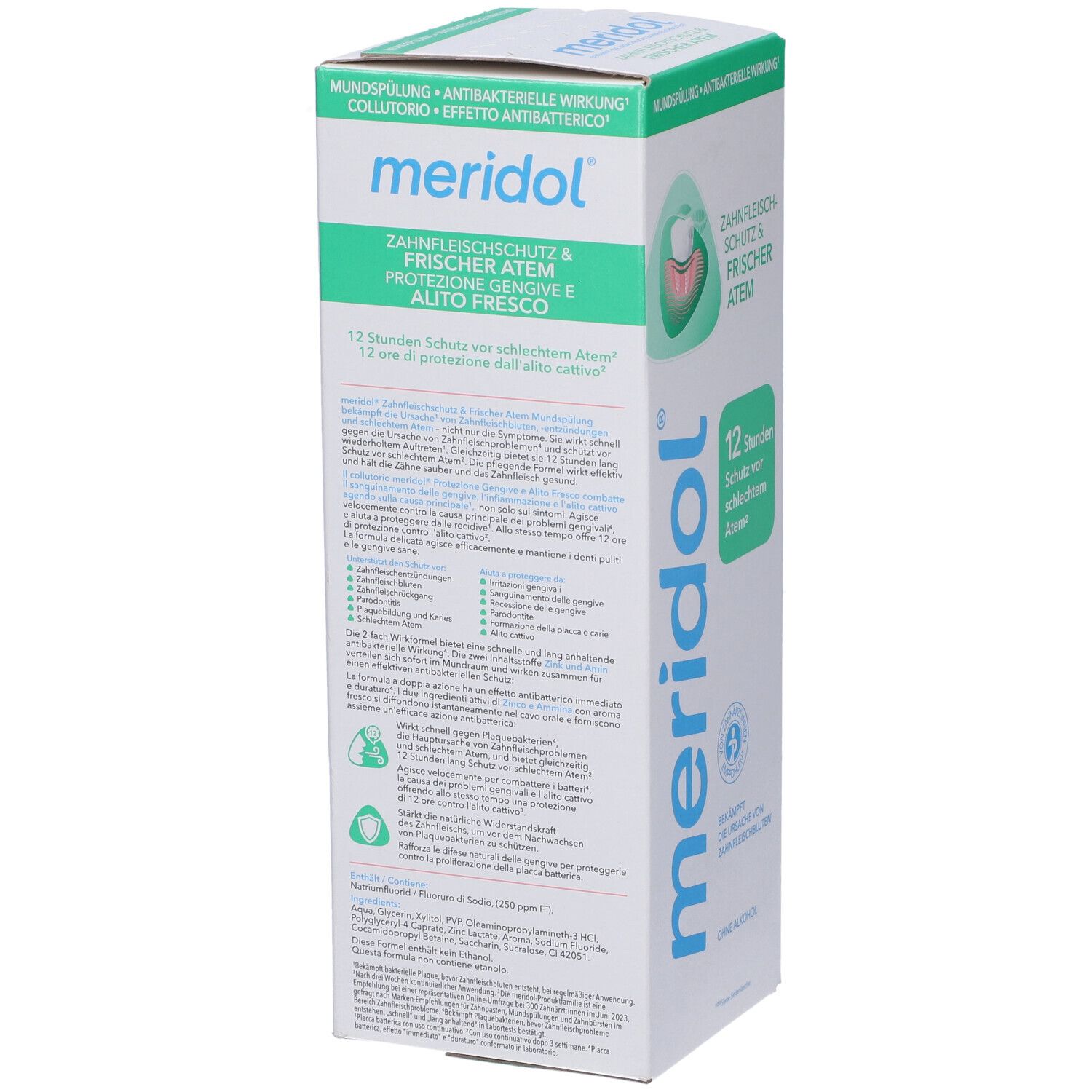 Lato confezione Meridol. Scatola bianca con dettagli verdi. Testo: Protezione gengive & alito fresco. Logo: bocca con denti. Protezione 12 ore.