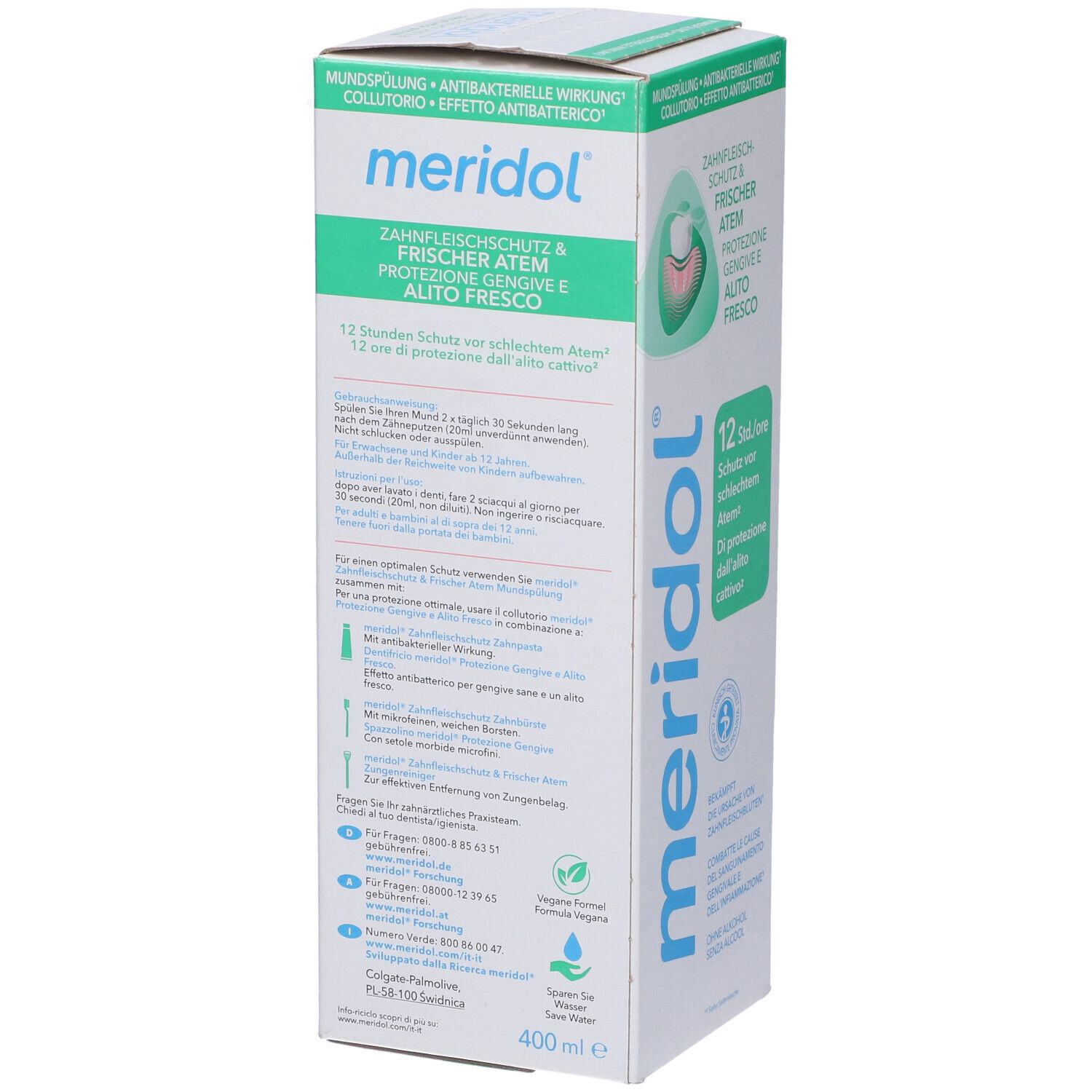 Lato confezione Meridol. Scatola bianca con dettagli verdi. Testo: Protezione gengive & alito fresco. Logo: bocca con denti. Protezione 12 ore.
